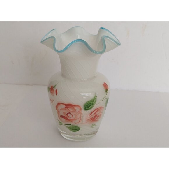 Fenton Designed Teleflora White Opalescent Vase Blue Crest Ruffled Hand Painted - Picture 7 of 11